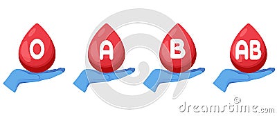 Illustrations of hands in medical glove holding a drop of blood with rhesus factors written on them, cliparts, medicine Stock Photo